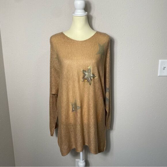 Marisma Made In Italy Wool Blend Knit Sweater Tan W/ Stars Women's One Size - Picture 12 of 13